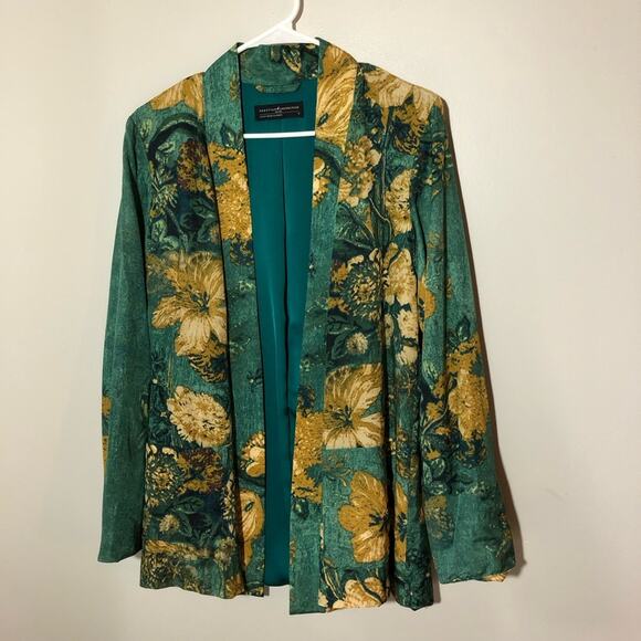 Peruvian Collection womens S green gold open front blazer wrap top dark floral - Picture 1 of 13